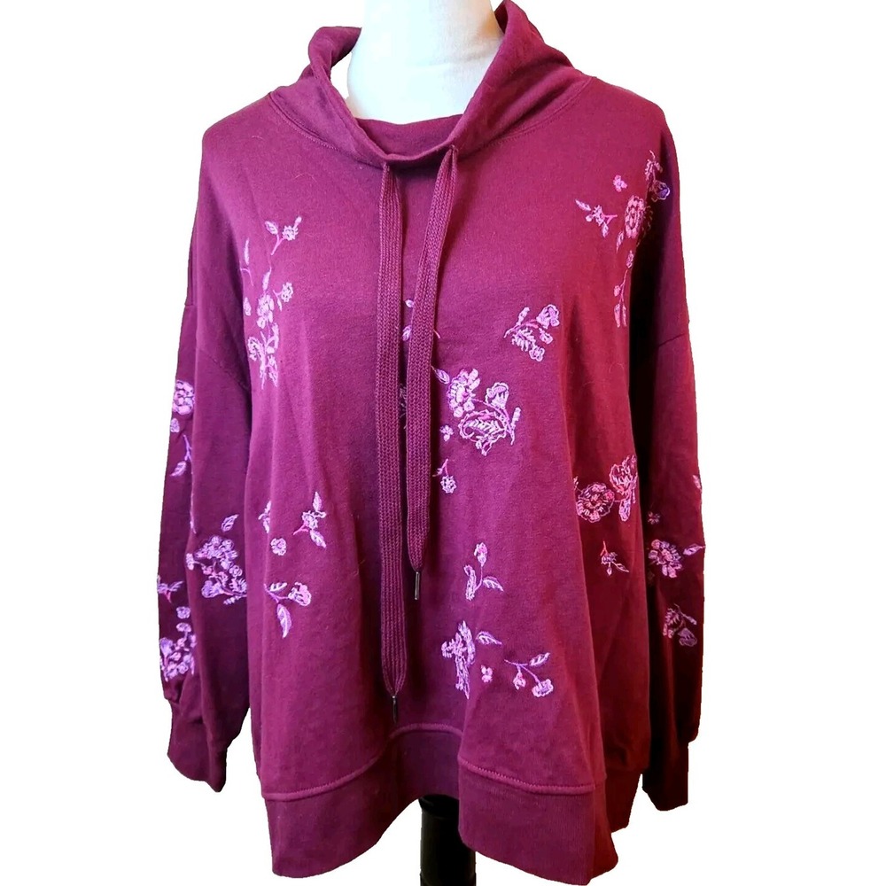 Democracy Womens Floral Embroidery Sweatshirt Sz Large Burgundy Cozy Sweater Top